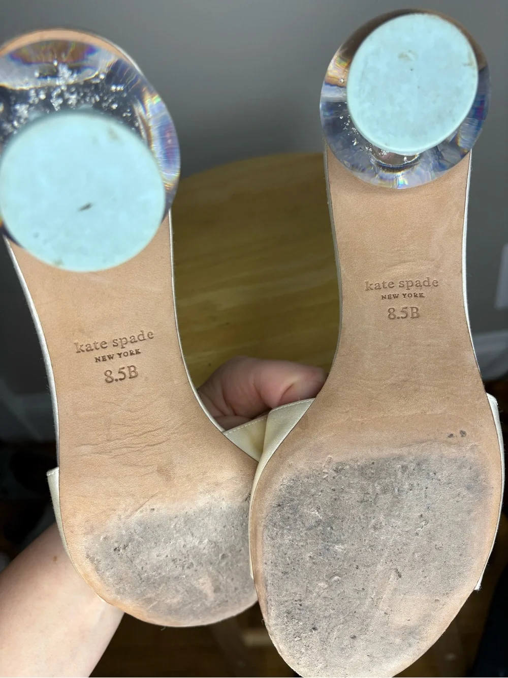 kate spade Champagne Satin Slide Heels with Clear Orb Heel
